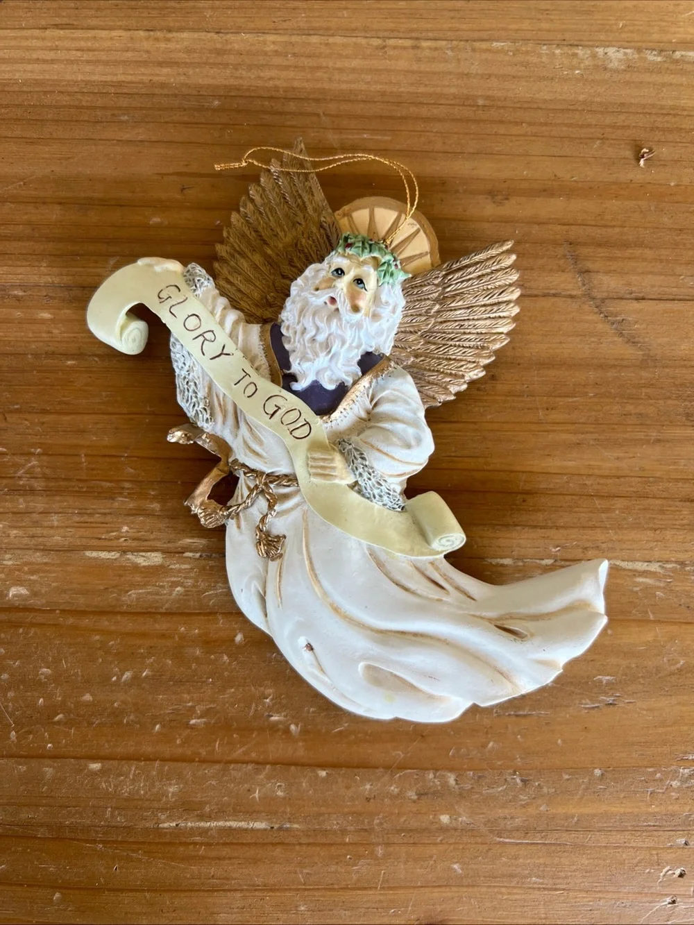 Angel Ornament with 'Glory to God' Banner - Cream and Gold